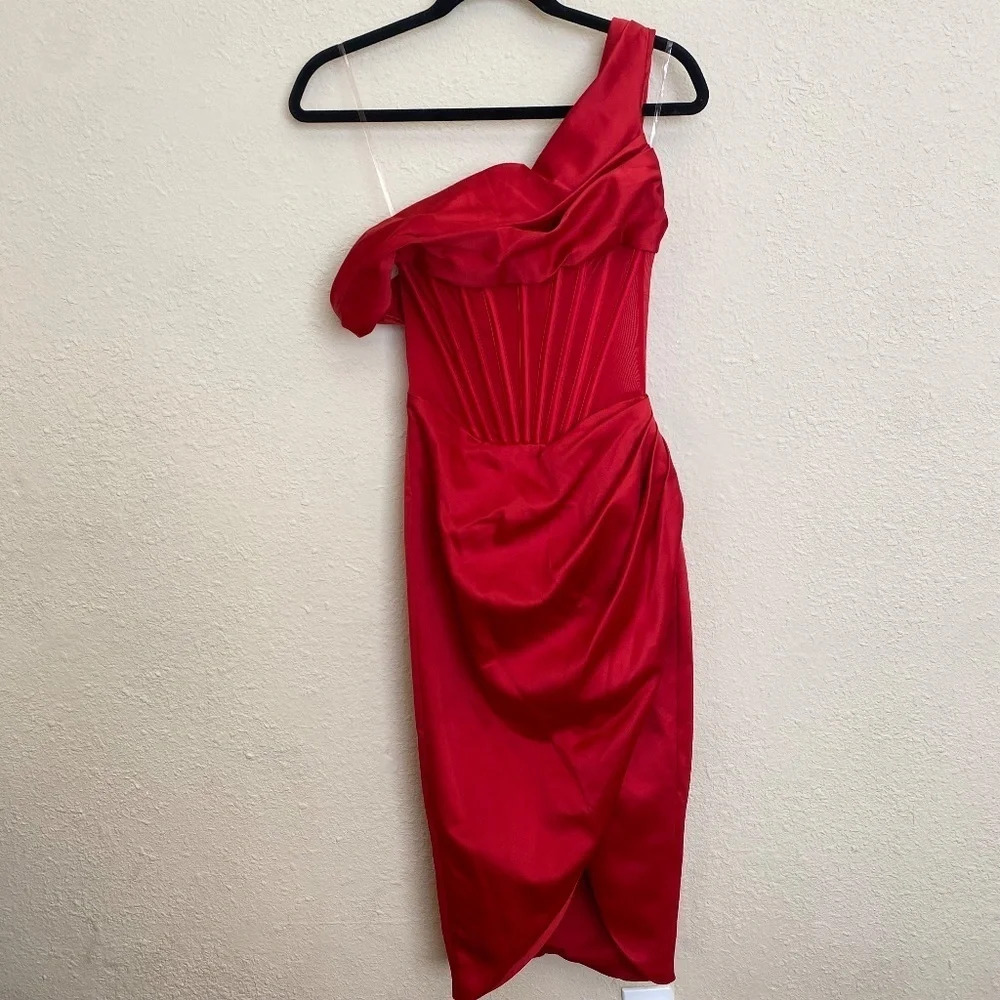 House of CB “Lulu” Red Asymmetric Drape Midi Corset Dress NWOT size XS - Picture 4 of 16